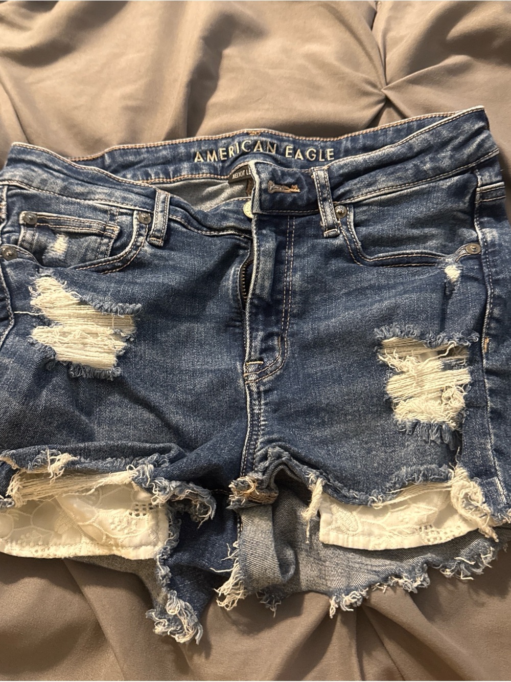 American Eagle Outfitters Distressed Lace-Trim Denim Shorts - Blue